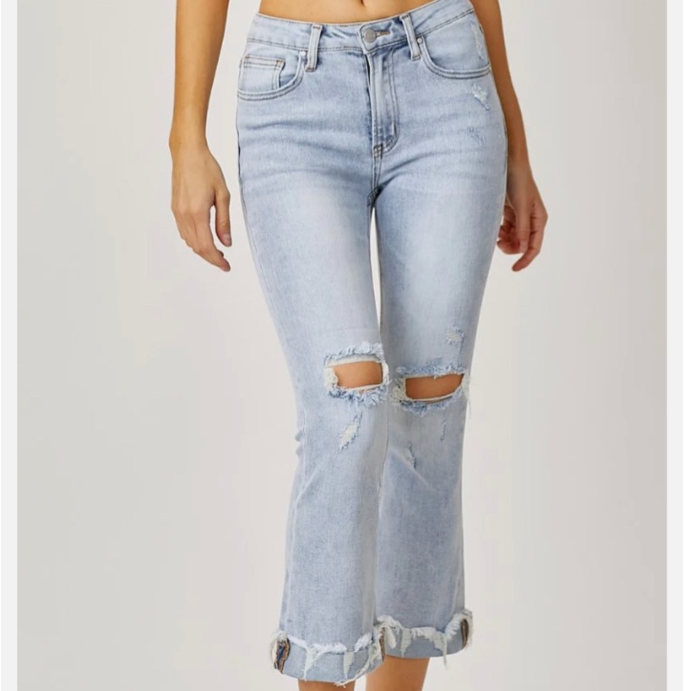 Risen light wash distressed ankle bootcut cuffed jeans size 7 (28)